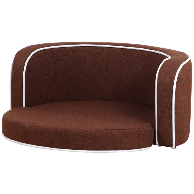 30" Brown Round Pet Sofa, Dog sofa, Dog bed, Cat Bed, Cat Sofa, with Wooden Structure and Linen Goods White Roller Lines on the Edges Curved Appearance pet Sofa with Cushion