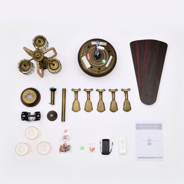 52inch Bronze Metal 3 Lights Ceiling Fan with 5 Wood Blades, Two-color fan blade, AC Motor, Remote Control, Reversible Airflow, Multi-Speed, Adjustable Height, Traditional Ceiling Fan