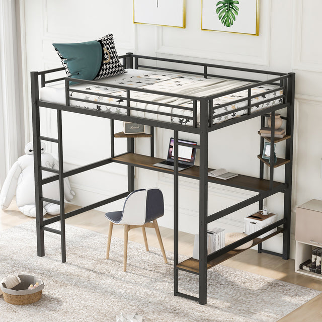 Full Size Loft Metal&MDF Bed with Long Desk and Shelves,Black(OLD SKU:SM000608AAB-1)