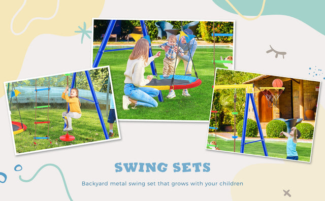 4 in 1 Outdoor Toddler Saucer Swing Set for Backyard, Playground Tree Swing Sets with Steel Frames, Climbing Rope with Disc Tree Swing Playset and Basketball Hoop for Kids