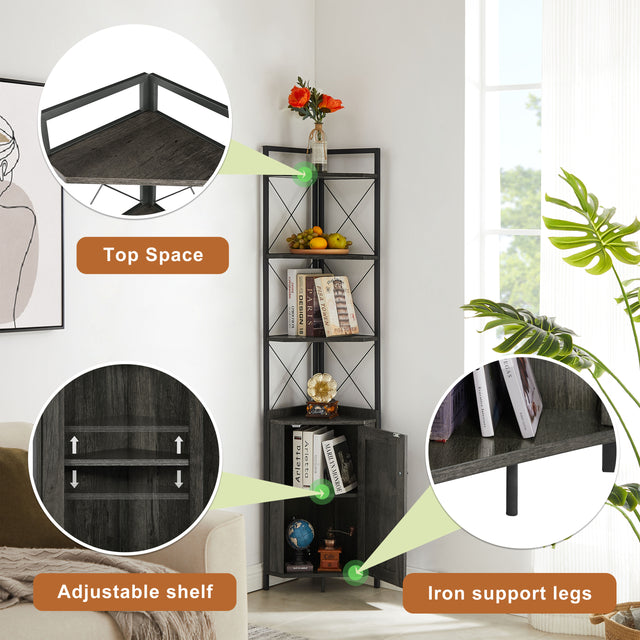 JHX Corner Shelf 5-Tier with Storage，Corner cabinet Bookshelf Stand Storage Rack(Dark Grey)