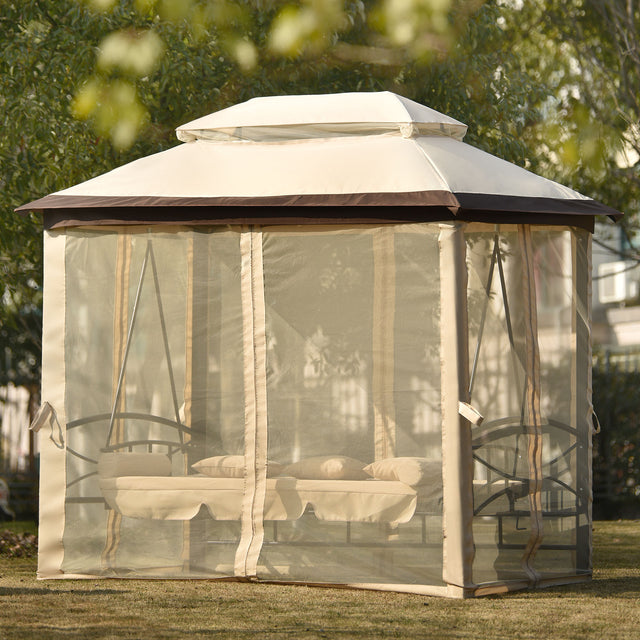 [VIDEO provided] U_STYLE 8.9 Ft. W x 5.9 Ft. D Outdoor Gazebo with Convertible Swing Bench, Double Roof Soft Canopy Garden Backyard Gazebo with Mosquito Netting Suitable for Lawn, Garden, Backyard