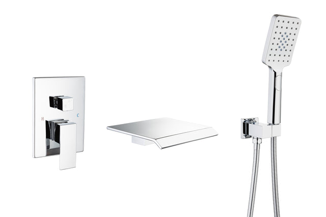 Waterfall Tub Faucet Wall Mount Roman Tub Filler Chrome Single Handle Brass Bathroom Bathtub Faucet with Hand Shower