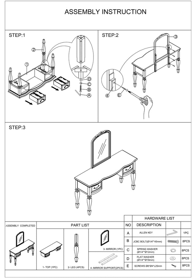 Bedroom Classic Vanity Set Wooden Carved Mirror Stool Drawers Antique White