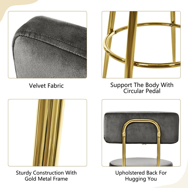 TOPMAX Modern 30inch Bar Stools, Bar Dining Chairs with Velvet Upholstered Back and Seat Cushions for Dining Room, Home Bar, Set of 2, Gray