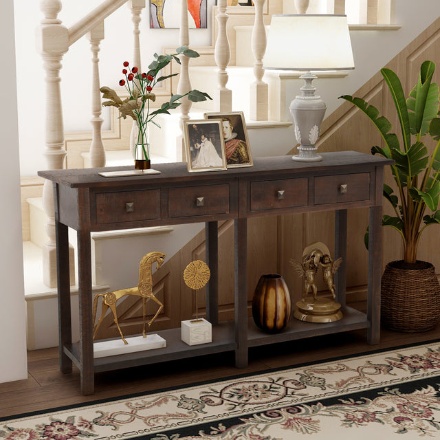 TREXM Rustic Brushed Texture Entryway Table Console Table with Drawer and Bottom Shelf for Living Room（Espresso）