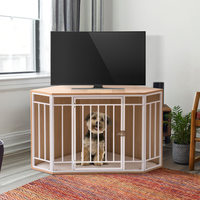 Corner Dog Crate with Cushion, Dog Kennel with Wood and Mesh, Doghouse, Pet Crate Indoor Use