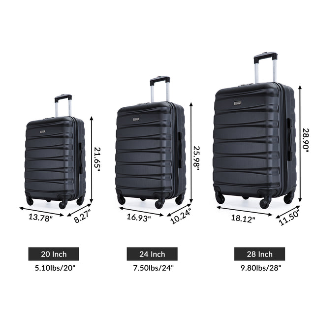 Expandable 3 Piece Luggage Sets ABS Lightweight Suitcase with Two Hooks, Spinner Wheels, TSA Lock, (20/24/28) Black
