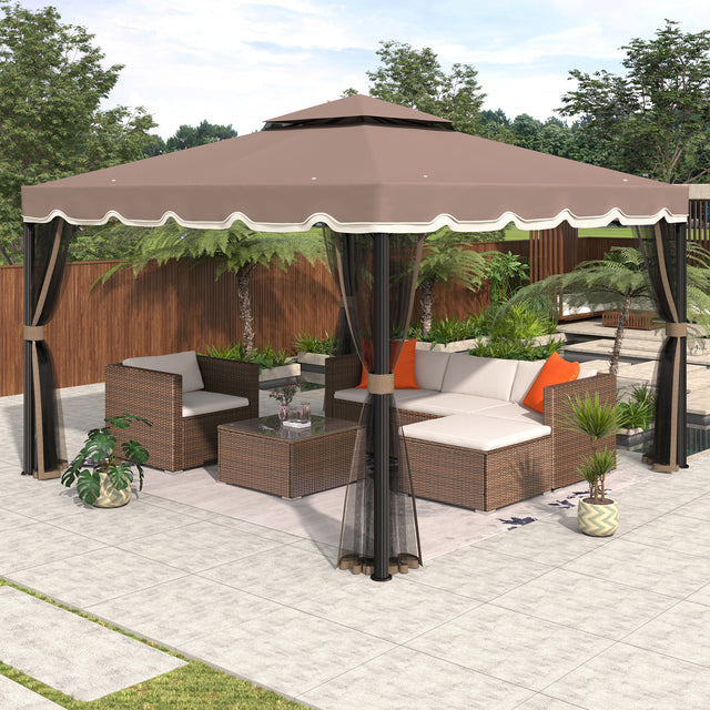 TOPMAX 9.8Ft. Wx9.8Ft.L Outdoor Iron Vented Dome Top Patio Gazebo with Netting for Backyard, Poolside and Deck, Brown