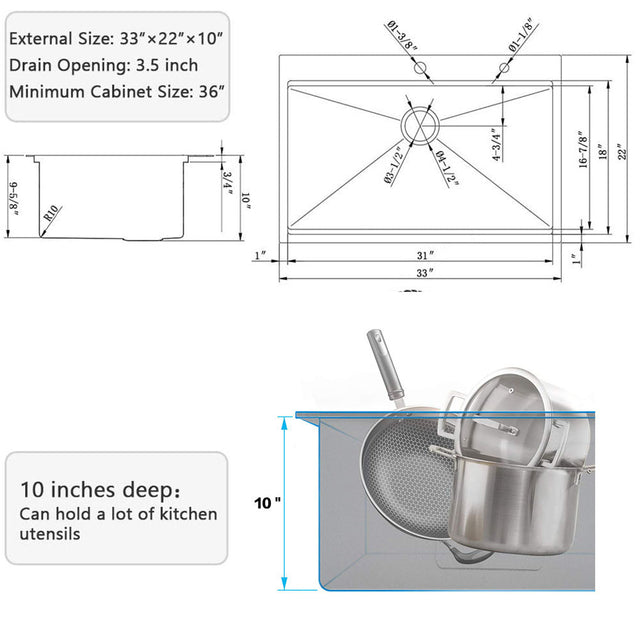 Workstation 33-inch Drop-In 16 Gauge Kitchen Sink R10 Radius Stainless Steel Kitchen Sink Single Bowl with Intergrated Ledge & Accessories (Pack of 5) -33"x22"x10"