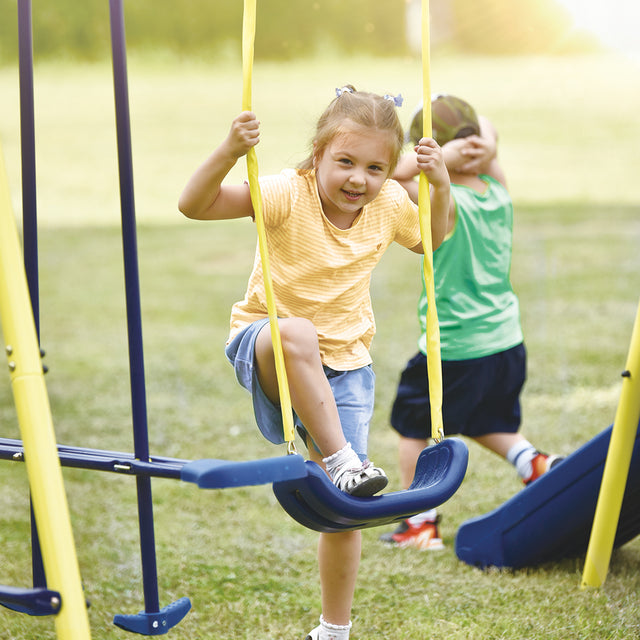 5 in 1 Outdoor Toddler Swing Set for Backyard, Playground Swing Sets with Steel Frame, Swing n' Slide Playset for Kids with Seesaw Swing, Basketball Hoop