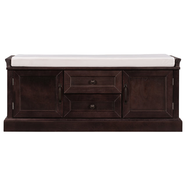 TREXM Storage Bench with 2 Drawers and 2 Cabinets, Shoe Bench with Removable Cushion for Living Room, Entryway (Espresso)