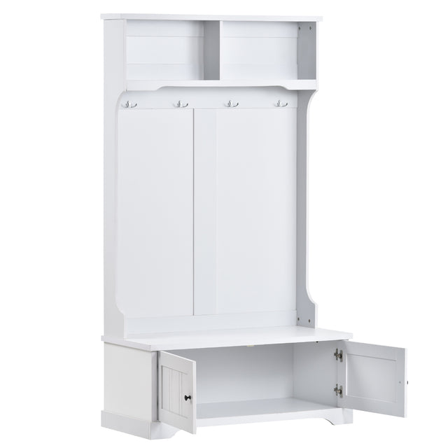 ON-TREND Hall Tree Entryway Bench with Shelves Cabinet and Four Hooks, 3-in-1 Design, White