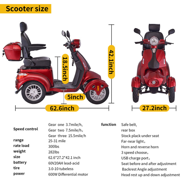 Fastest Mobility Scooter With Four Wheels For Adults & Seniors, Red 800W