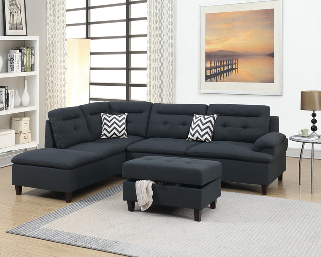 Living Room Furniture Black Cushion Sectional w Ottoman Linen Like Fabric Sofa Chaise