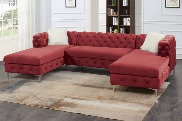 Gorgeous Living Room U-Sectional Burgundy Velvet Tufted Cushion Couch LAF And RAF Chaise Armless Loveseat
