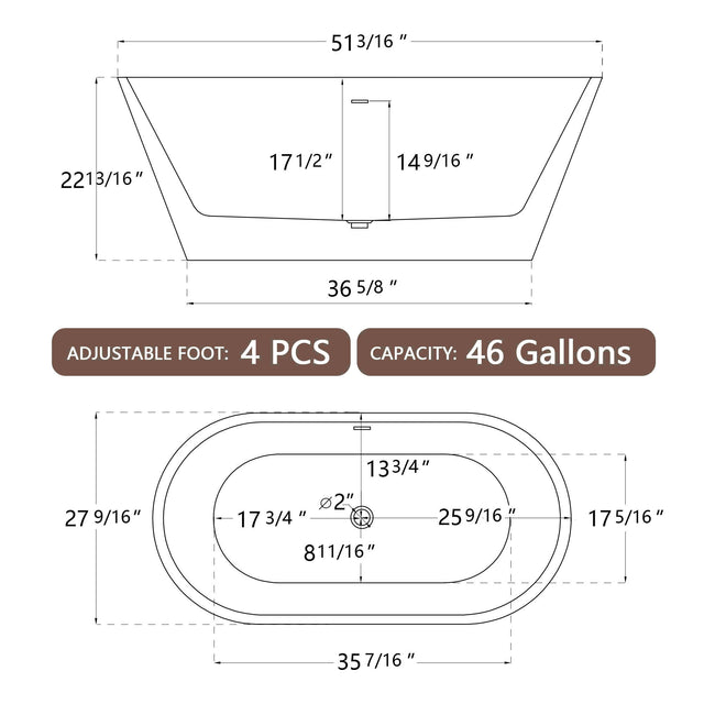 51" Acrylic Free Standing Tub - Classic Oval Shape Soaking Tub, Adjustable Freestanding Bathtub with Integrated Slotted Overflow and Chrome Pop-up Drain Anti-clogging Gloss White