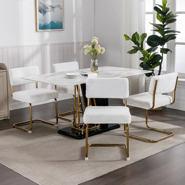 A&A Furniture,Modern Dining Chairs with Artificial Rabbit Hair,Gold Metal Base, Accent Armless Kitchen Chairs with Channel Tufting, Upholstered Fake Fur Fabric Side Chairs, Set of 2, White