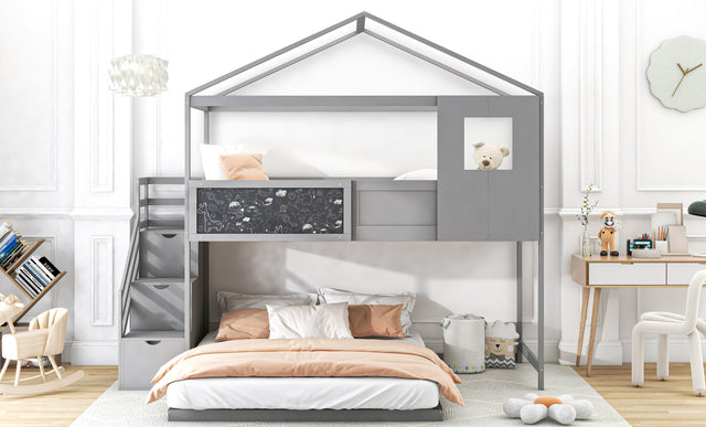 Twin over Full House Bunk Bed with Storage Staircase and Blackboard,Grey