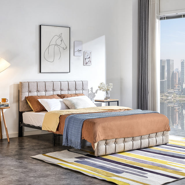 Queen Size Bed Frame Modern Vertical Panel Upholstered Low Profile Platform with Adjustable Headboard/No Box Spring Needed/No Bed Skirt Needed/Leathaire Upholstery/Beige (Queen Size)
