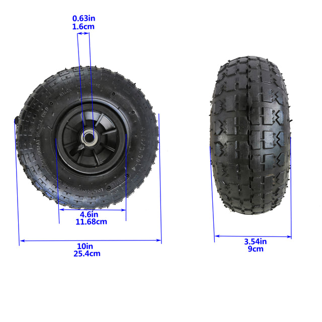 4.10/3.50-4" tires and inner tubes are made of heavy-duty rubber, and the hub are made of high-quality plastic.Air wheels （1pkg =2pcs wheels）