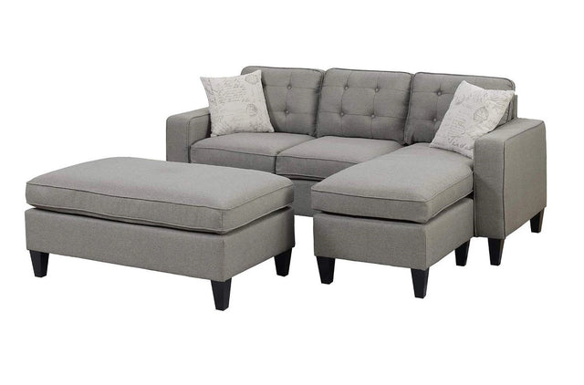 Reversible 3pc Sectional Sofa Set Light Grey Tufted Polyfiber Wood Legs Chaise Sofa Ottoman Pillows Cushion Couch