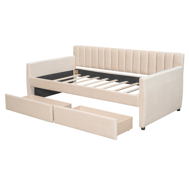 Twin Size Upholstered daybed with Drawers, Wood Slat Support, Beige