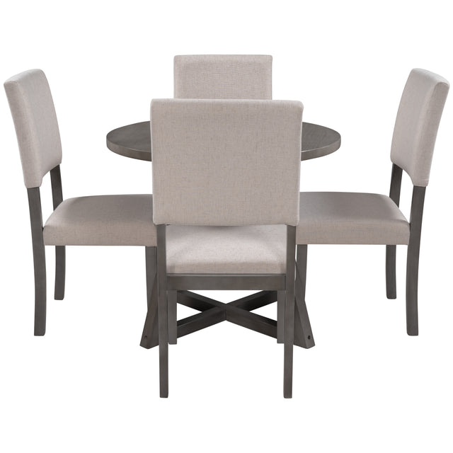 TOPMAX Mid-Century Wood  5-Piece Kitchen Dining Table Set with Round Table, 4 Upholstered Dining Chairs for Small Places, Gray Table + Beige Chair