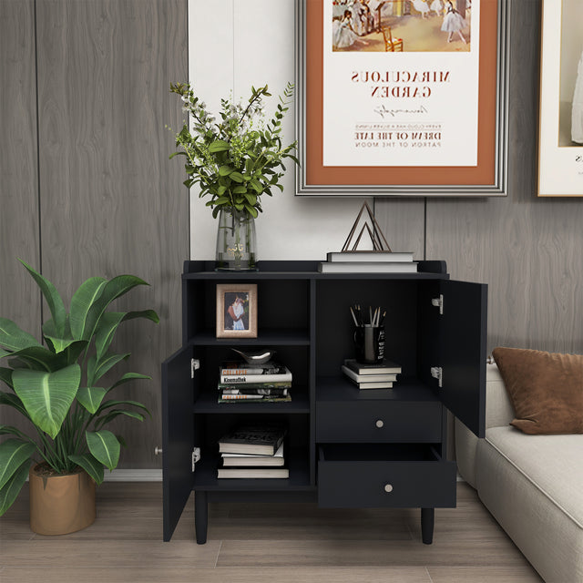 Sideboard Cabinet Display Buffet Storage Cabinet with 2 Woven Cane Doors，2 Drawers and 1 Storage Shelf-black