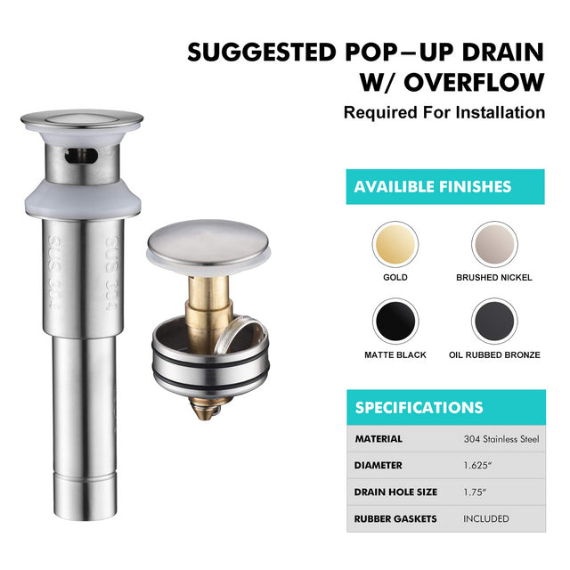Sink Drain Stopper Bathroom 1.75 In, Pop-Up Drain Stainless Steel With Overflow Anti-Clogging for Vessel Sink Lavatory Vanity Sink Drain with Strainer Basket, Brushed Nickel.