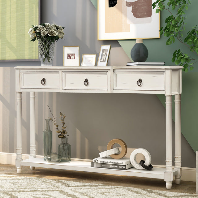 TREXM Console Table Sofa Table with Drawers for Entryway with Projecting Drawers and Long Shelf (Antique White)