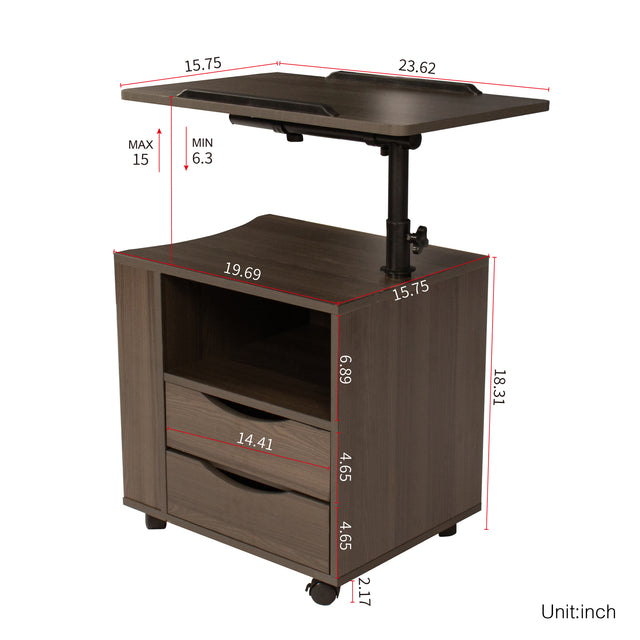 Height Adjustable Overbed End Table Wooden Nightstand with Swivel Top, Storage Drawers, Wheels and Open Shelf,  (Black oak)