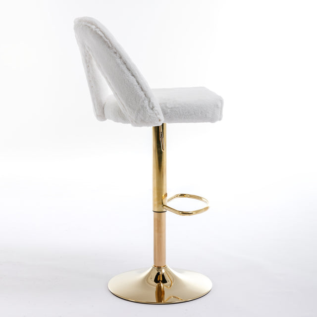 Golden Swivel Velvet Barstools Adjusatble Seat Height from 25-33 Inch, Modern Bar Stool & Counter Stools with Nailheads for Home Pub and Kitchen Island,Set of 2, Faux White Rabbit Hair