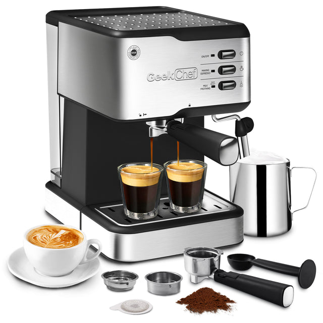 Geek Chef Espresso Machine, Espresso and Cappuccino latte Maker 20 Bar Pump Coffee Machine Compatible with ESE POD capsules filter&Milk Frother Steam Wand,950W,1.5L Water Tank Ban on Amazon
