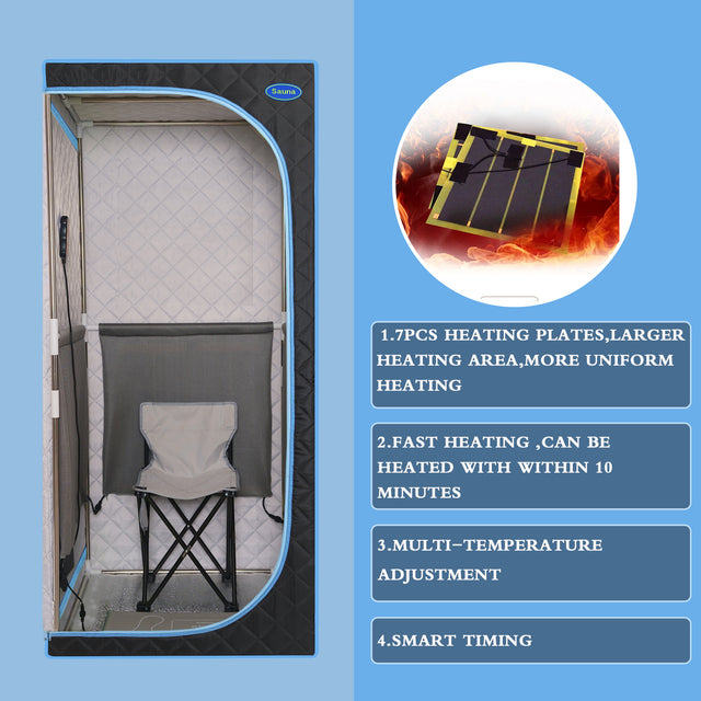Portable Plus Type Full Size Far Infrared Sauna tent. Spa, Detox ,Therapy and Relaxation at home.Larger Space,Stainless Steel Pipes Connector Easy to Install.FCC Certification--Black(Blue binding)