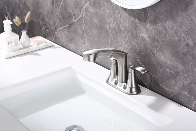 Bathroom Faucets for Sink 3 Hole,Brushed Nickel Bathroom Faucet with Pull Out Multi Functional Sprayer,Vanity Sink Faucet 2 Handle Centerset 4 inch Pull Down Faucet with 2 Water Lines,RV Camper Faucet