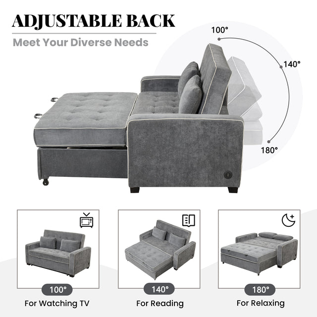 65.7" Linen Upholstered Sleeper , Pull Out Sofa Couch attached two throw pillows,Dual USB Charging Port and Adjustable Backrest for Living Room Space，Charcoal Gray
