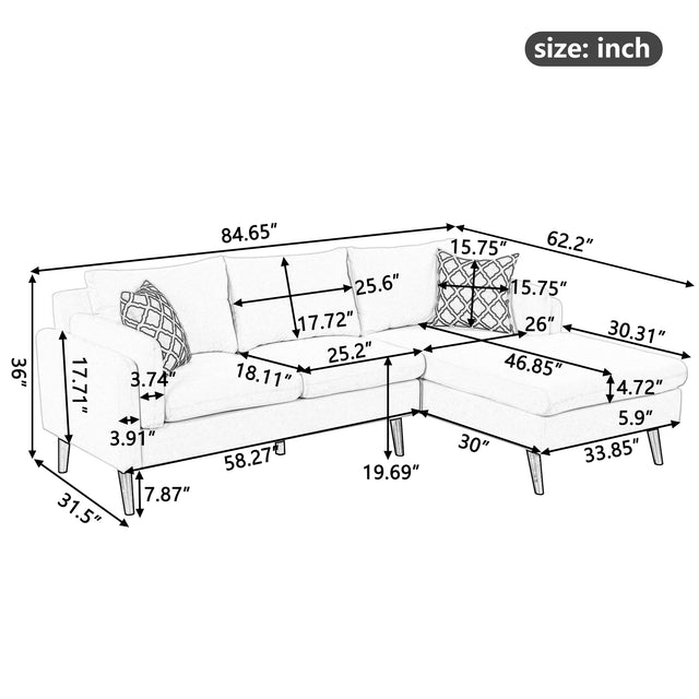 84.65" Modern Upholstered L-Shape Sofa Couch with Chaise and 2 Pillows,3-Seater Couch with rubber wood legs for Living Room,Apartment,Small Space,Light Gray