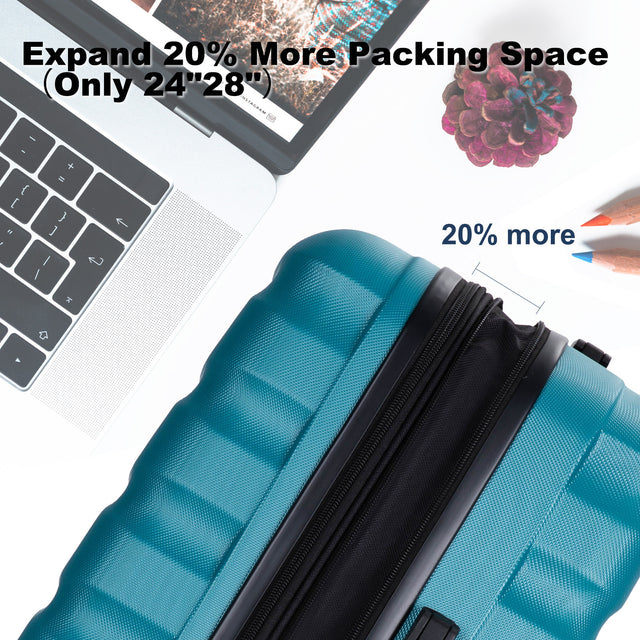 Expandable 3 Piece Luggage Sets ABS Lightweight Suitcase with Two Hooks, Spinner Wheels, TSA Lock, (20/24/28) Cyan