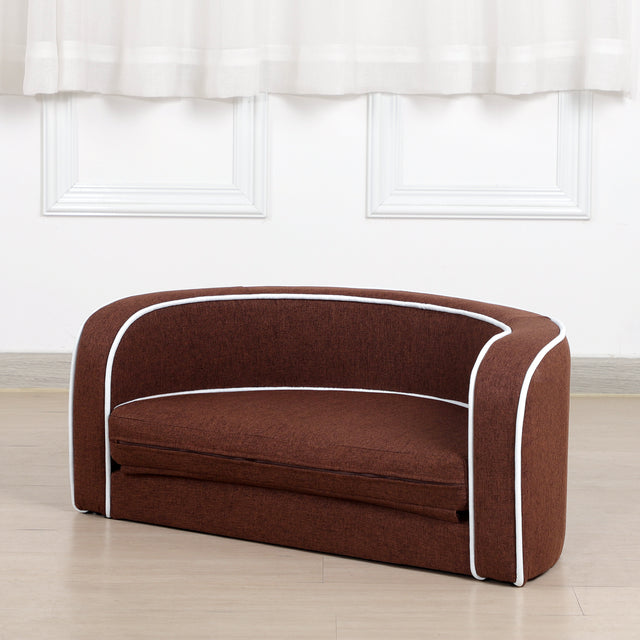 30" Brown Round Pet Sofa, Dog sofa, Dog bed, Cat Bed, Cat Sofa, with Wooden Structure and Linen Goods White Roller Lines on the Edges Curved Appearance pet Sofa with Cushion