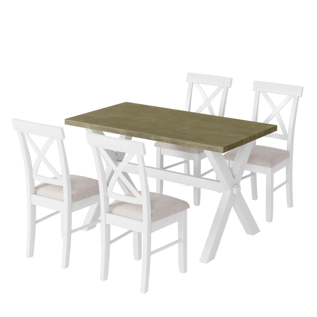 TOPMAX 5 Pieces Farmhouse Rustic Wood Kitchen Dining Table Set with Upholstered 4 X-back Chairs, Gray Green+White+Beige