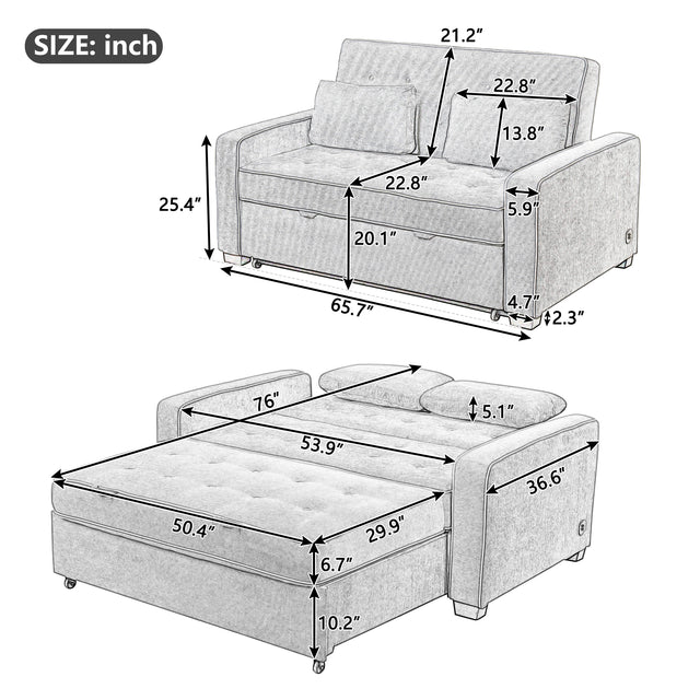 65.7" Linen Upholstered Sleeper , Pull Out Sofa Couch attached two throw pillows,Dual USB Charging Port and Adjustable Backrest for Living Room Space，Charcoal Gray