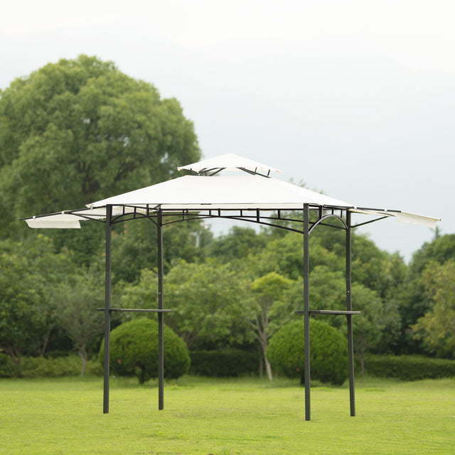 TOPMAX 13Ft.Lx4.5Ft.W Iron Double Tiered Backyard Patio BBQ Grill Gazebo with Bar Counters&Extendable Shades, White