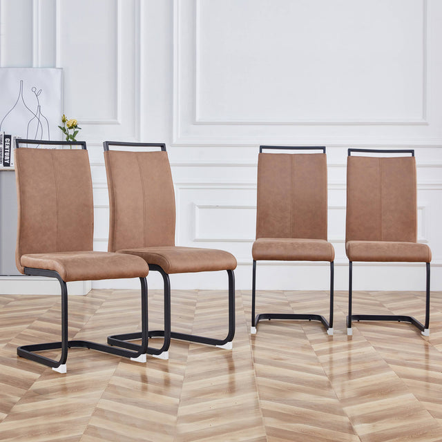 Glass Dining Table and Brown Dining Chair 4-Piece Set  Rectangular 0.31" Tempered Glass Tabletop and Black Coating Metal Dining Table size 47" W x 31"D x 30" H