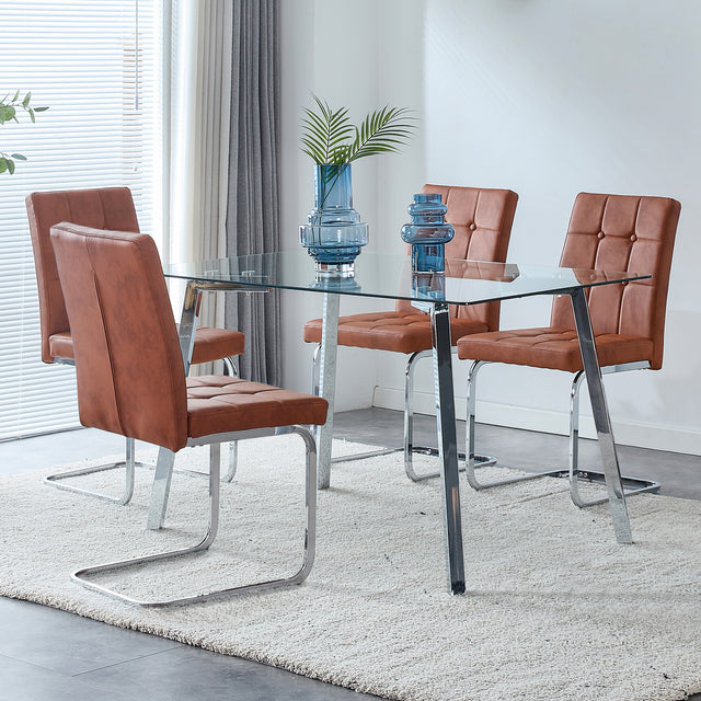Glass Dining Table, Dining Chair set, 4 Brown Embedded Button Dining Chairs and 1 Dining Table .Table Size 51" W x 31"D x 30" H