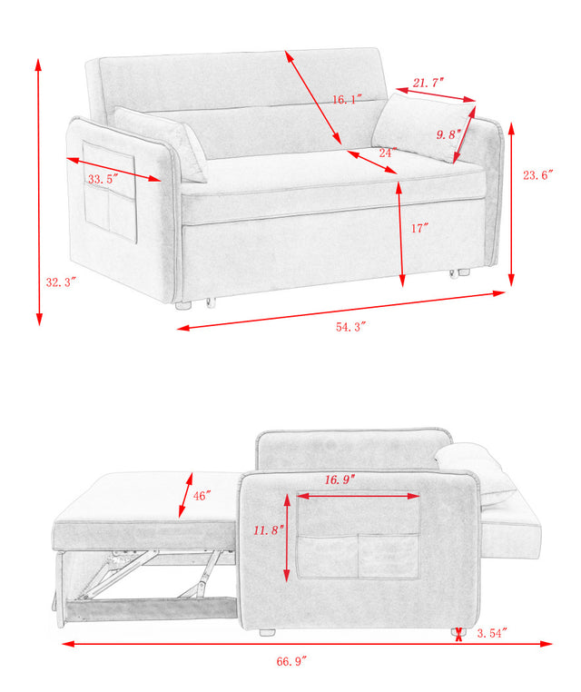 2120 Sofa Pull Out Bed Included Two Pillows 54" Grey Velvet Sofa for Small Spaces