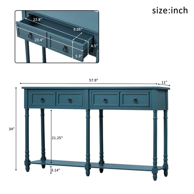 TREXM Console Table Sofa Table with Drawers and Long Shelf Rectangular Living Room Table Solid Wood (Antique Navy)