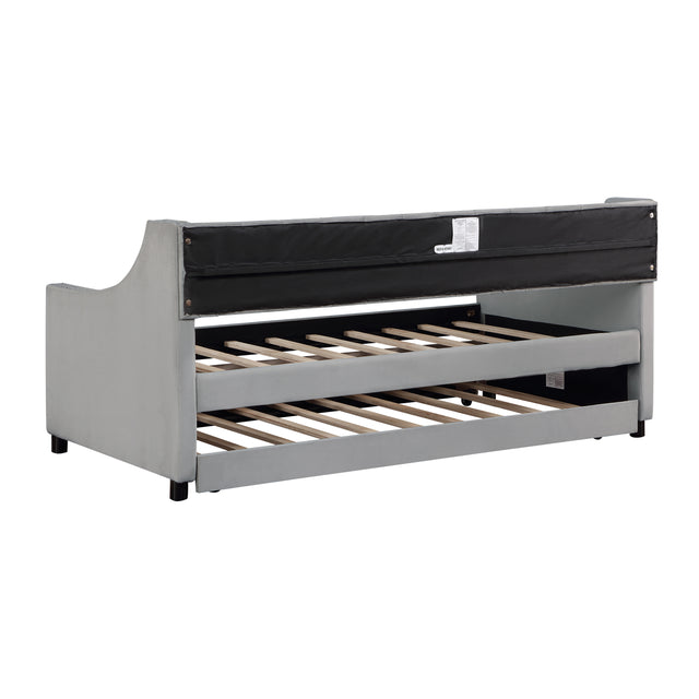 Twin Size Upholstered Daybed with Trundle,Sturdy Wood Bedframe w/ Bedframe Tufted Button & Copper Nail on Arms Design,Perfect for Bedroom,Guest Room Furniture,No Box Spring Needed