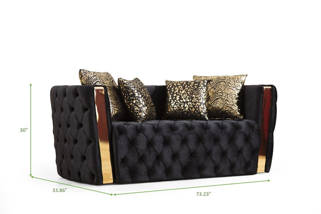 Naomi Button Tufted Loveseat with Velvet Fabric and Gold Accent in Black