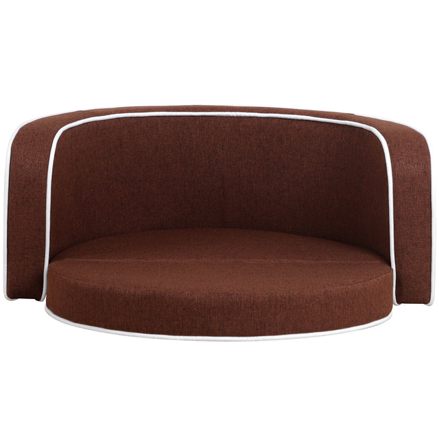 30" Brown Round Pet Sofa, Dog sofa, Dog bed, Cat Bed, Cat Sofa, with Wooden Structure and Linen Goods White Roller Lines on the Edges Curved Appearance pet Sofa with Cushion